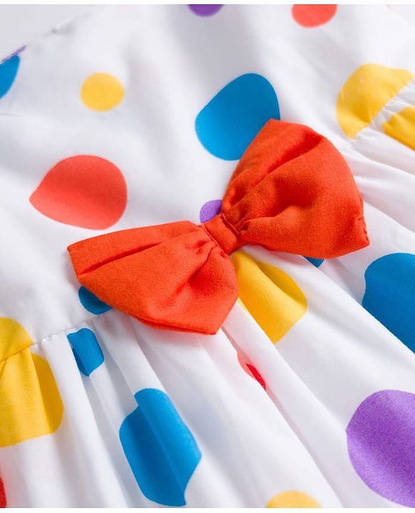 Babyhug Woven Sleeveless Frock With Polka Dot Print & Bow Applique - White