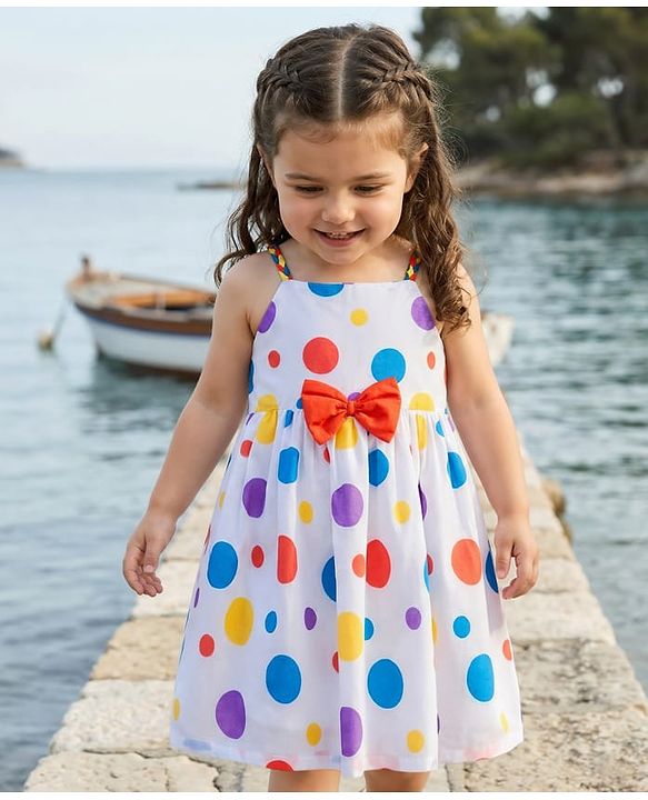 Babyhug Woven Sleeveless Frock With Polka Dot Print & Bow Applique - White