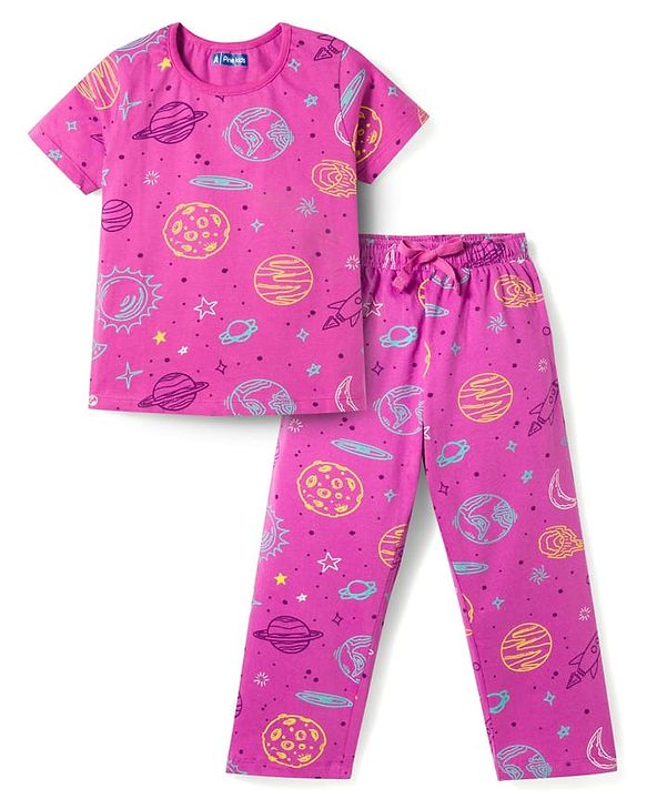 Pine Kids Single Jersey Knit Half Sleeves Space Theme Printed Co-Ord T-Shirt & Pyjama Night Suit Set - Purple