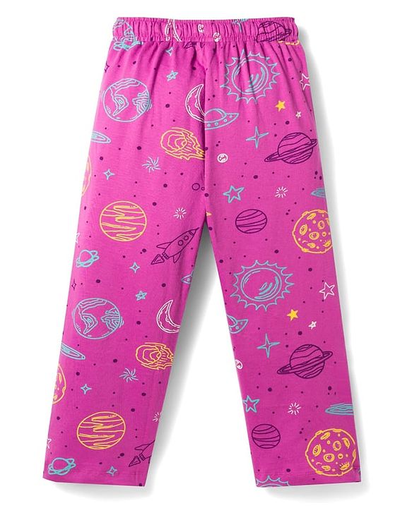 Pine Kids Single Jersey Knit Half Sleeves Space Theme Printed Co-Ord T-Shirt & Pyjama Night Suit Set - Purple