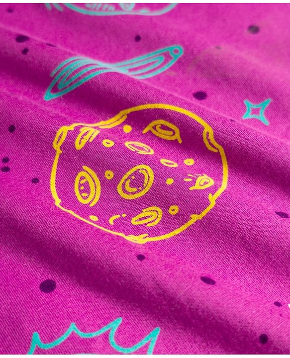 Pine Kids Single Jersey Knit Half Sleeves Space Theme Printed Co-Ord T-Shirt & Pyjama Night Suit Set - Purple