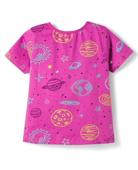 Pine Kids Single Jersey Knit Half Sleeves Space Theme Printed Co-Ord T-Shirt & Pyjama Night Suit Set - Purple