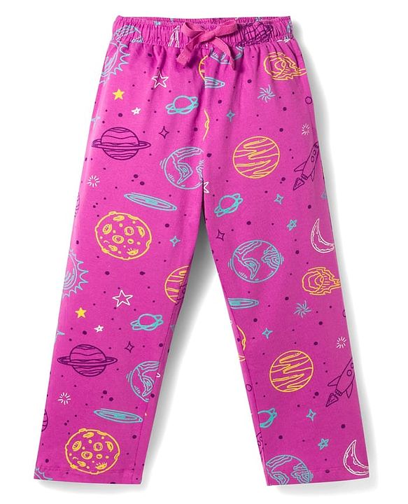 Pine Kids Single Jersey Knit Half Sleeves Space Theme Printed Co-Ord T-Shirt & Pyjama Night Suit Set - Purple