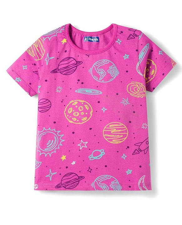 Pine Kids Single Jersey Knit Half Sleeves Space Theme Printed Co-Ord T-Shirt & Pyjama Night Suit Set - Purple