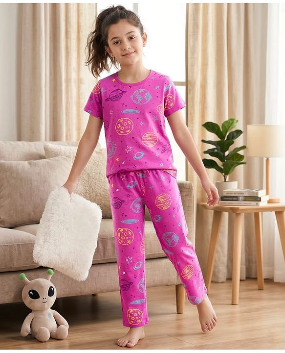 Pine Kids Single Jersey Knit Half Sleeves Space Theme Printed Co-Ord T-Shirt & Pyjama Night Suit Set - Purple
