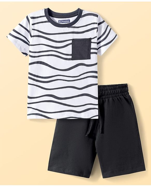 Pine Kids Single Jersey Knit Half Sleeves Printed T-Shirt & Shorts Night Suit - White