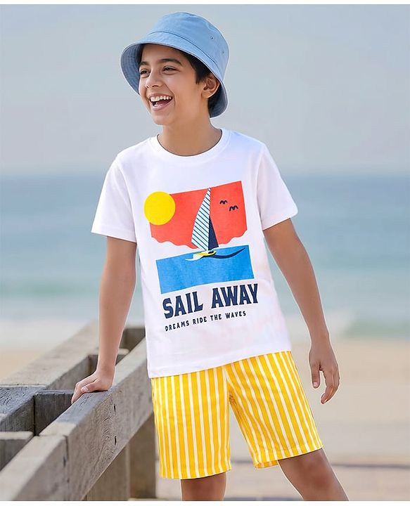 Pine Kids Single Jersey Knit Half Sleeves T-Shirt & Shorts Night Suit With Boat Print - White