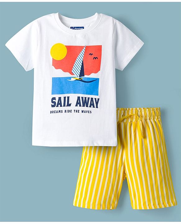 Pine Kids Single Jersey Knit Half Sleeves T-Shirt & Shorts Night Suit With Boat Print - White