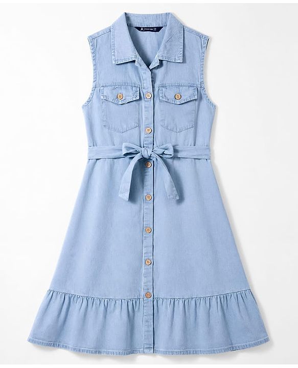 Pine Kids Cotton Woven Sleeveless Solid Frock With Front Pocket & Belt - Blue