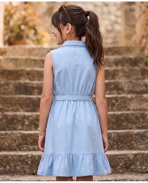 Pine Kids Cotton Woven Sleeveless Solid Frock With Front Pocket & Belt - Blue
