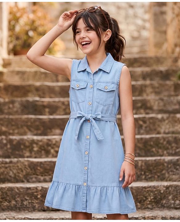 Pine Kids Cotton Woven Sleeveless Solid Frock With Front Pocket & Belt - Blue