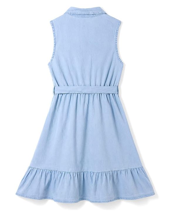 Pine Kids Cotton Woven Sleeveless Solid Frock With Front Pocket & Belt - Blue
