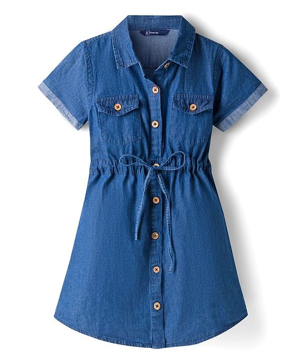 Pine Kids Cotton Woven Half Sleeves Solid Colour Shirt Style Dress - Blue
