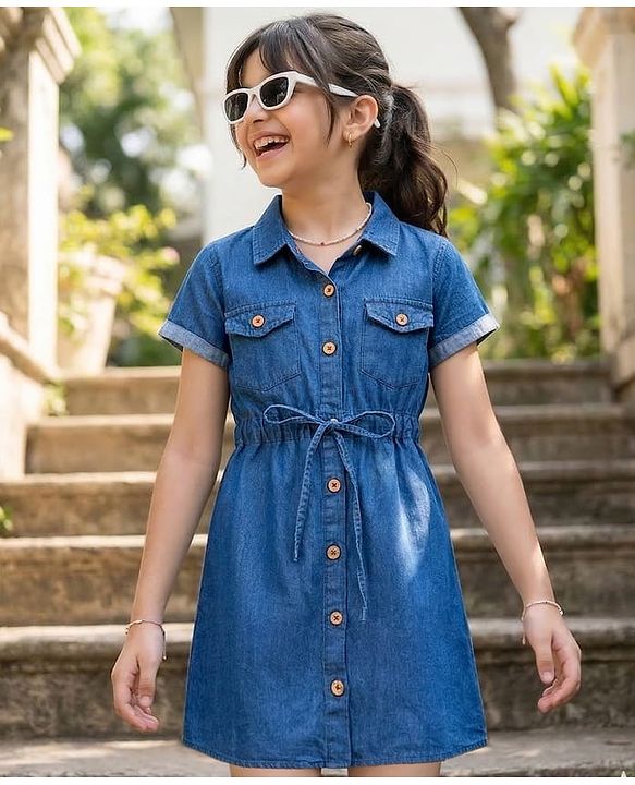 Pine Kids Cotton Woven Half Sleeves Solid Colour Shirt Style Dress - Blue