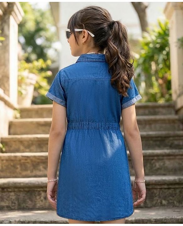 Pine Kids Cotton Woven Half Sleeves Solid Colour Shirt Style Dress - Blue