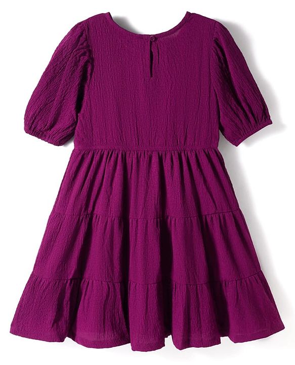 Pine Kids Woven Half Sleeves Solid Colour Tiered Frock - Purple