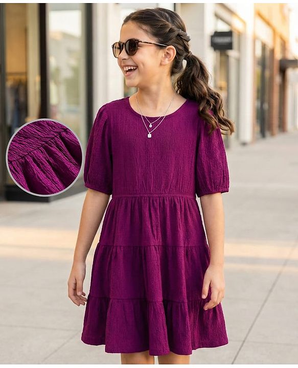 Pine Kids Woven Half Sleeves Solid Colour Tiered Frock - Purple