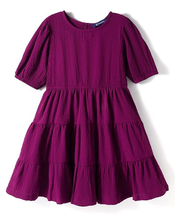 Pine Kids Woven Half Sleeves Solid Colour Tiered Frock - Purple