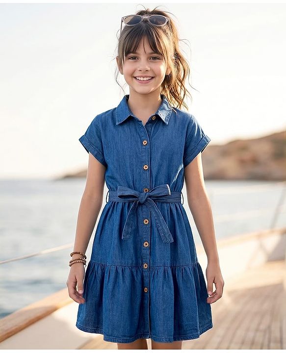 Pine Kids Cotton Woven Half Sleeves Solid Shirt Dress - Blue