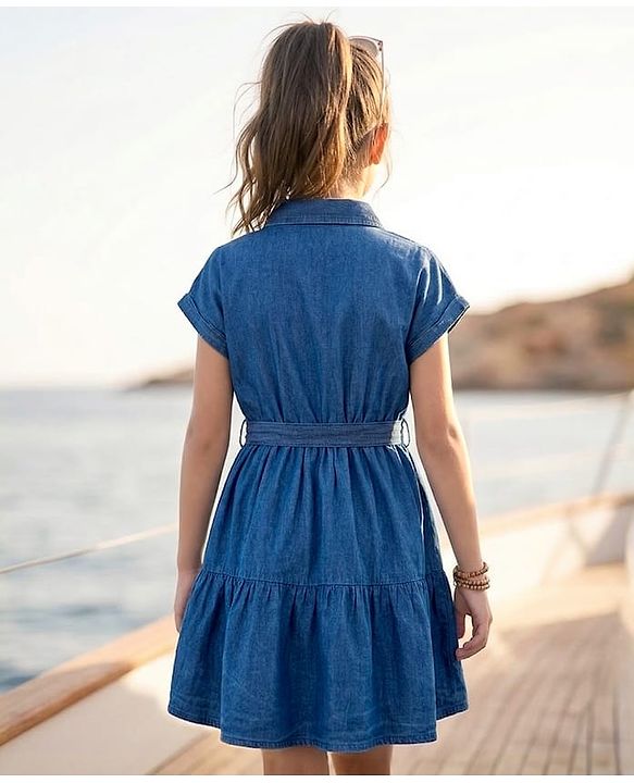 Pine Kids Cotton Woven Half Sleeves Solid Shirt Dress - Blue