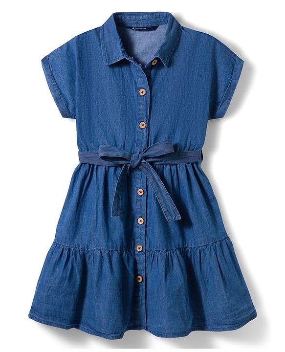 Pine Kids Cotton Woven Half Sleeves Solid Shirt Dress - Blue