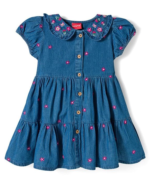 Babyhug Woven Half Sleeves Frock With Floral Embroidery - Blue