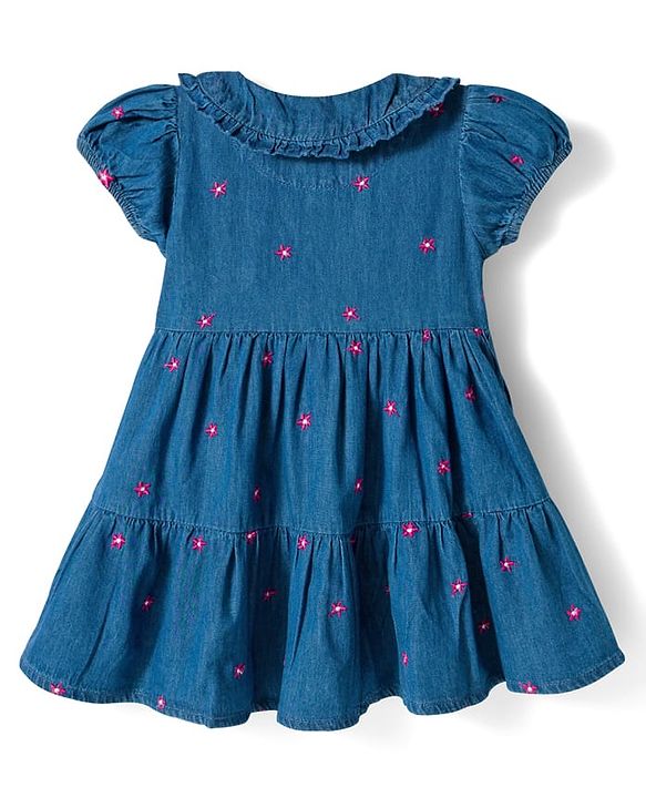 Babyhug Woven Half Sleeves Frock With Floral Embroidery - Blue