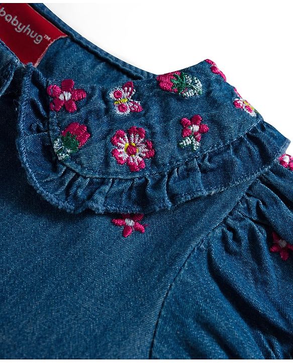 Babyhug Woven Half Sleeves Frock With Floral Embroidery - Blue