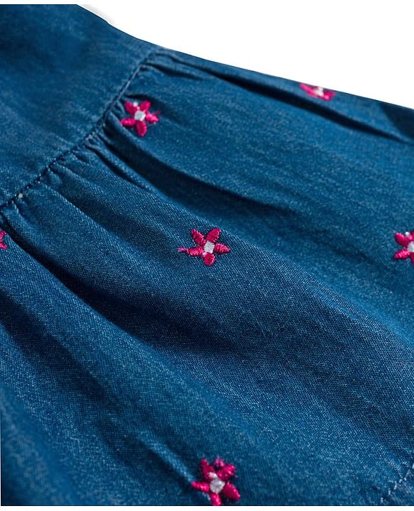 Babyhug Woven Half Sleeves Frock With Floral Embroidery - Blue