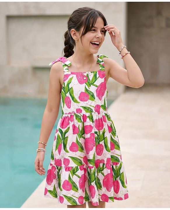Pine Kids 100% Cotton Woven Sleeveless Floral Printed Frock - Multicolour