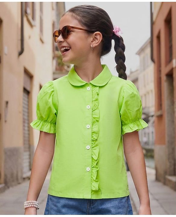 Pine Kids Cotton Woven Half Puffed Sleeves Solid Colour Shirt Style Top with Frill Detailing - Limegreen