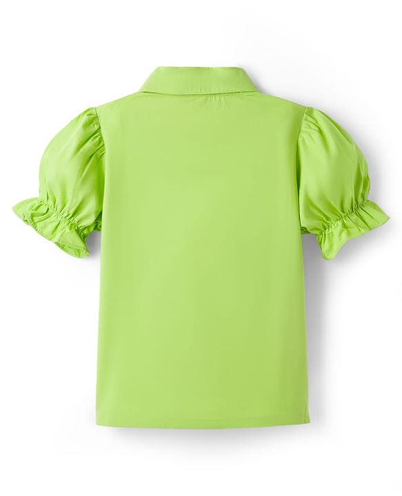 Pine Kids Cotton Woven Half Puffed Sleeves Solid Colour Shirt Style Top with Frill Detailing - Limegreen