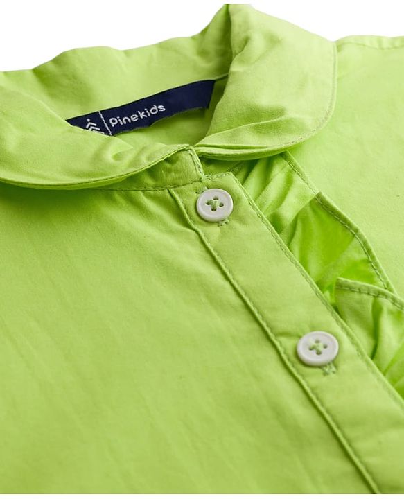 Pine Kids Cotton Woven Half Puffed Sleeves Solid Colour Shirt Style Top with Frill Detailing - Limegreen