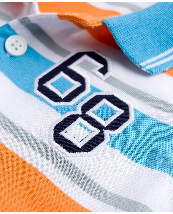 Babyhug Cotton Knit Half Sleeves Striped Number Embroidery Polo T-Shirt - MultiColour