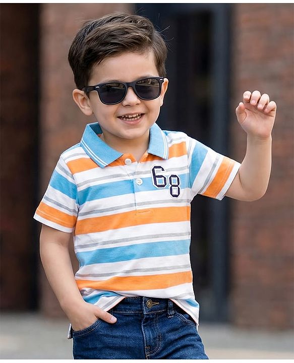 Babyhug Cotton Knit Half Sleeves Striped Number Embroidery Polo T-Shirt - MultiColour