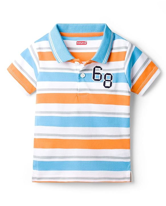 Babyhug Cotton Knit Half Sleeves Striped Number Embroidery Polo T-Shirt - MultiColour
