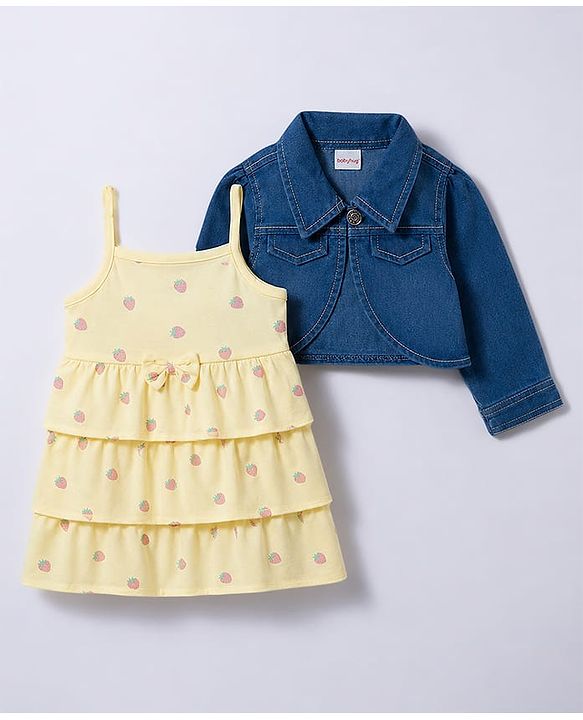 Babyhug 100% Cotton Knit Full Sleeves Strawberry Printed Layered Frock With Jacket - Yellow