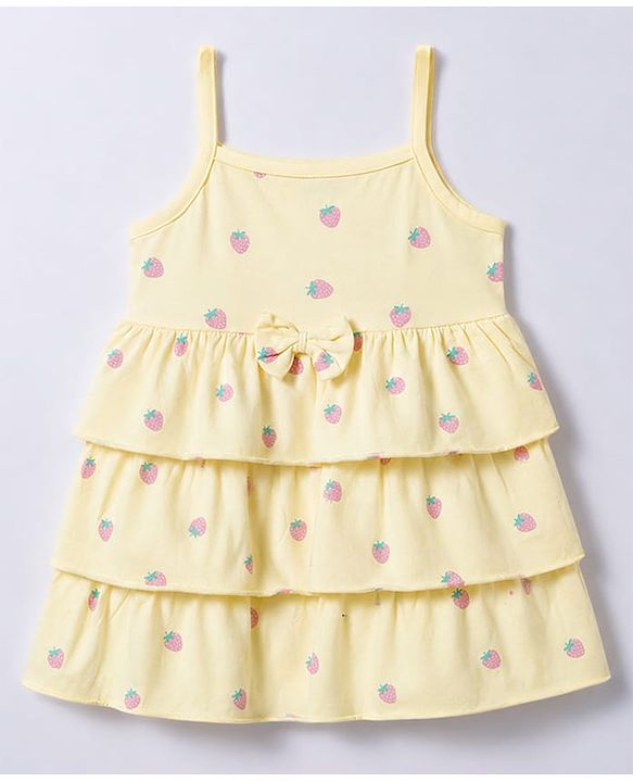 Babyhug 100% Cotton Knit Full Sleeves Strawberry Printed Layered Frock With Jacket - Yellow