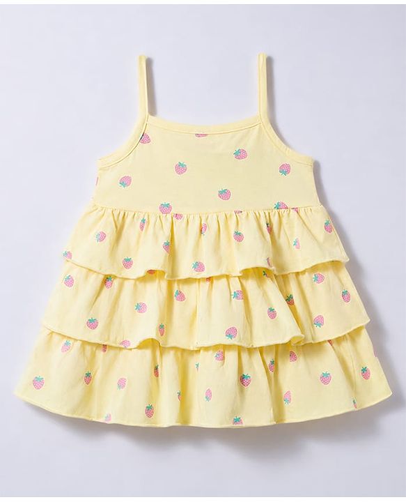 Babyhug 100% Cotton Knit Full Sleeves Strawberry Printed Layered Frock With Jacket - Yellow