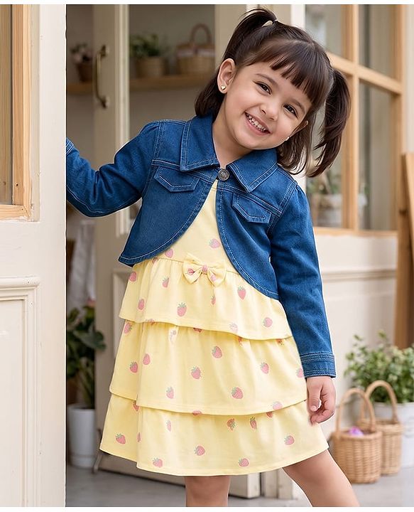 Babyhug 100% Cotton Knit Full Sleeves Strawberry Printed Layered Frock With Jacket - Yellow