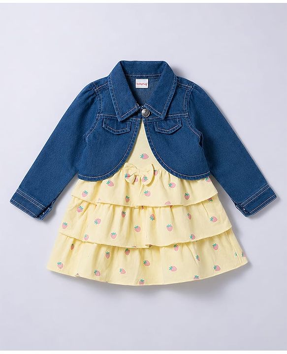 Babyhug 100% Cotton Knit Full Sleeves Strawberry Printed Layered Frock With Jacket - Yellow