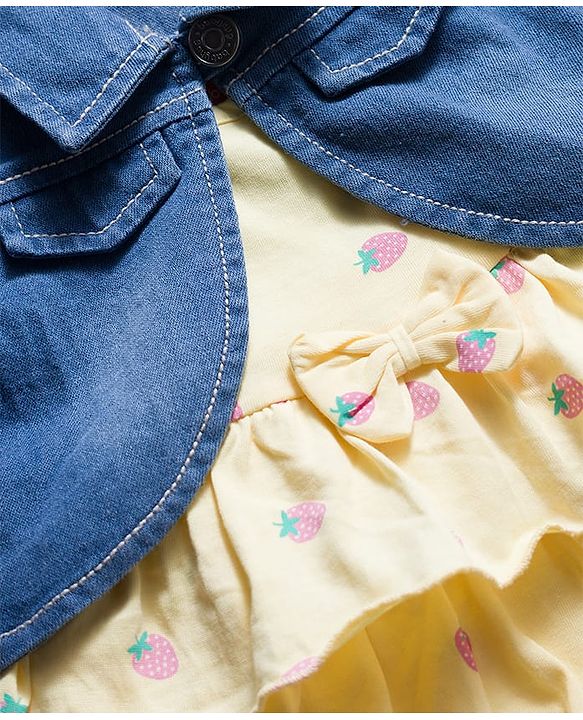 Babyhug 100% Cotton Knit Full Sleeves Strawberry Printed Layered Frock With Jacket - Yellow