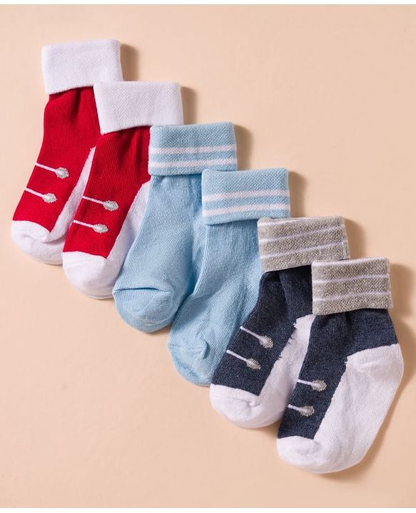 Cute Walk by Babyhug Non Terry Knit Antibacterial Ankle Length Socks With Design Pack of 3 - Red Light Blue & Navy Blue