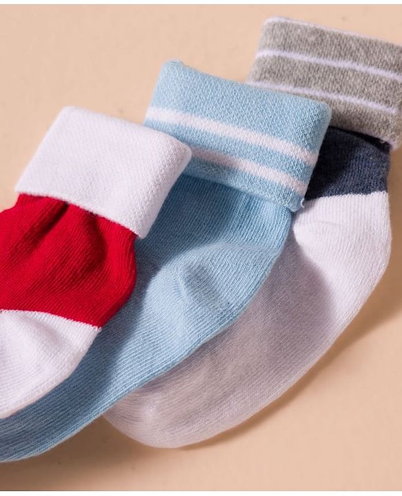 Cute Walk by Babyhug Non Terry Knit Antibacterial Ankle Length Socks With Design Pack of 3 - Red Light Blue & Navy Blue
