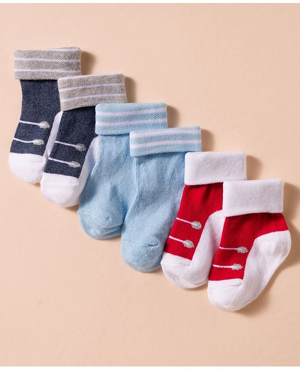 Cute Walk by Babyhug Non Terry Knit Antibacterial Ankle Length Socks With Design Pack of 3 - Red Light Blue & Navy Blue