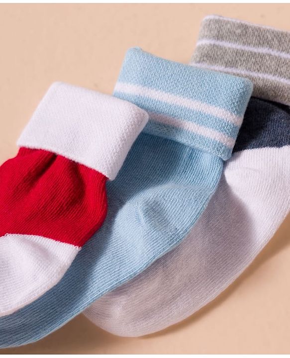 Cute Walk by Babyhug Non Terry Knit Antibacterial Ankle Length Socks With Design Pack of 3 - Red Light Blue & Navy Blue