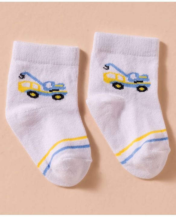 Cute Walk by Babyhug Non Terry Cotton Knit Anti Bacterial Ankle Length Socks With Stripes & Vehicles Design Pack of 3 - Multicolour