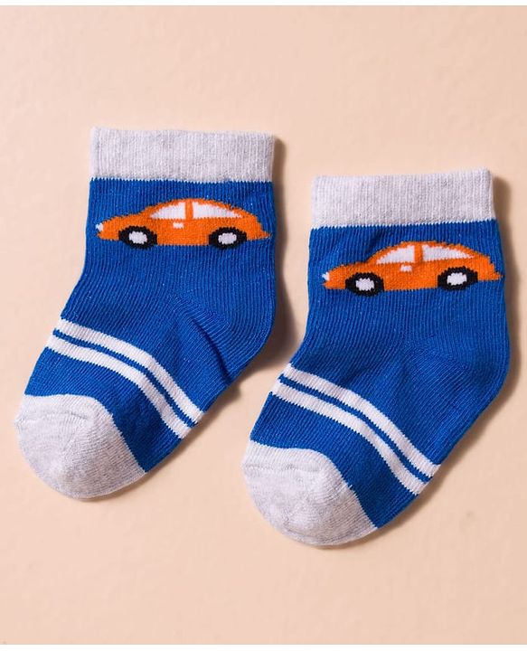 Cute Walk by Babyhug Non Terry Cotton Knit Anti Bacterial Ankle Length Socks With Stripes & Vehicles Design Pack of 3 - Multicolour