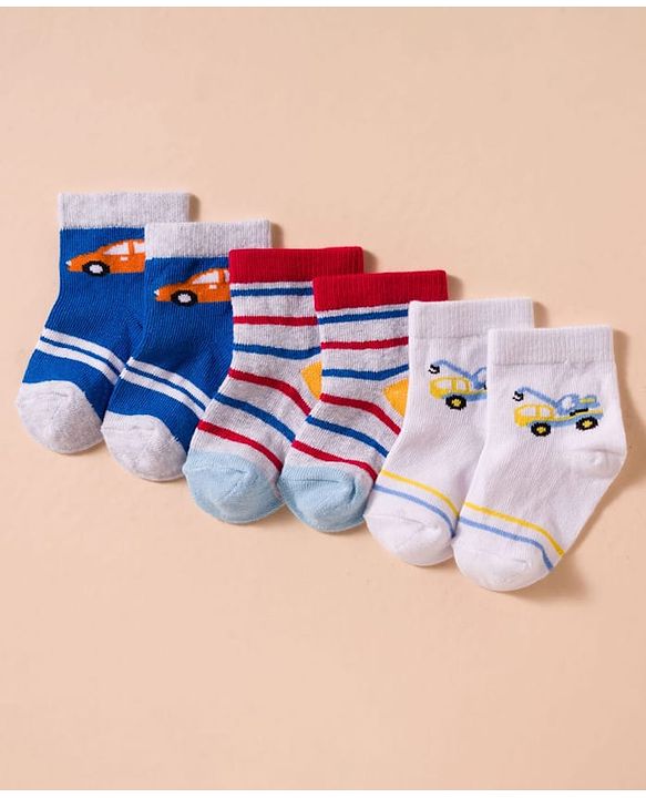 Cute Walk by Babyhug Non Terry Cotton Knit Anti Bacterial Ankle Length Socks With Stripes & Vehicles Design Pack of 3 - Multicolour