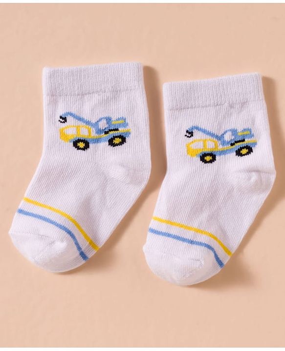 Cute Walk by Babyhug Non Terry Cotton Knit Anti Bacterial Ankle Length Socks With Stripes & Vehicles Design Pack of 3 - Multicolour